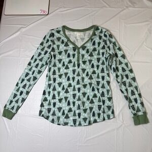 LC Lauren Conrad Womens Small Green Christmas Tree Henley Pajama Top Long Sleeve